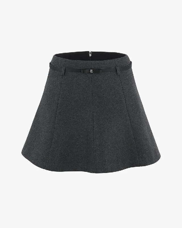 Ribbon Belt Flare Wool Skirt - Grey denim skirt casual