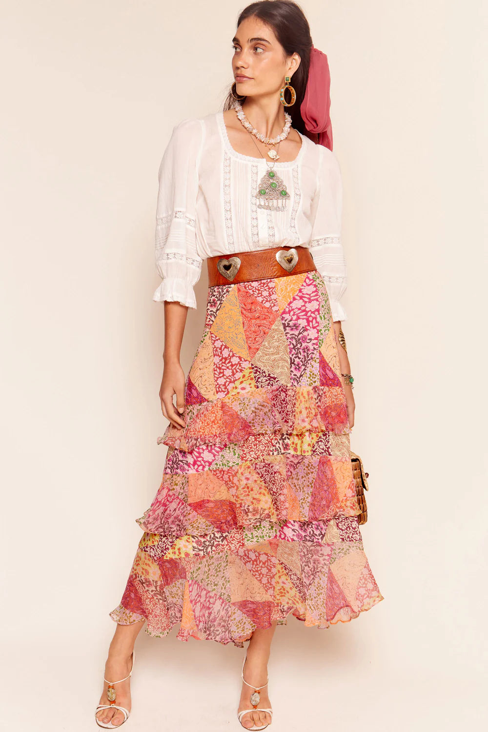 RIXO Preslee Skirt in Patchowork Blush silk skirt lustrous
