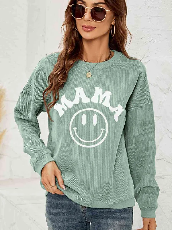 Round Neck Long Sleeve MAMA Graphic Sweatshirt Hoodie with Belted Waist Structured Tailored