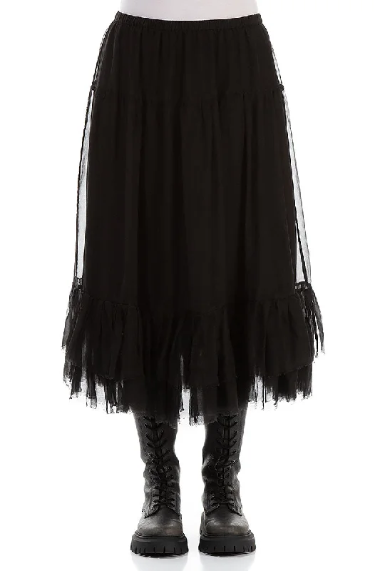 Ruffled Black Silk Chiffon Midi Skirt chiffon skirt lightweight