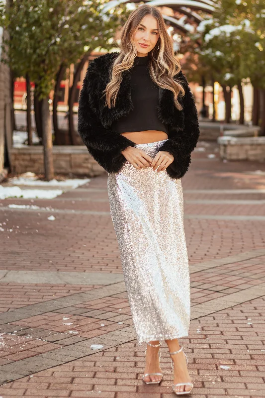 Silver Shiny Sequined Back Slit Midi Skirt seamless skirt comfort