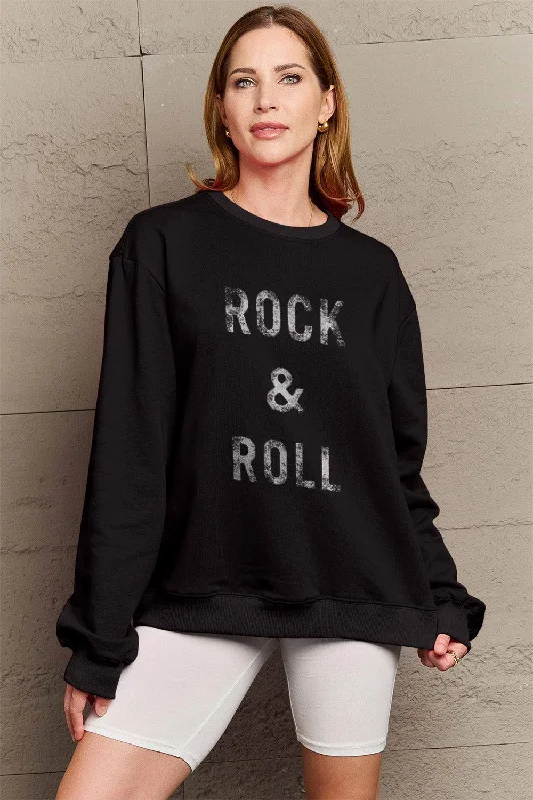 Simply Love Full Size ROCK & ROLL Round Neck Sweatshirt Hoodie with Crew Neck Simple Timeless