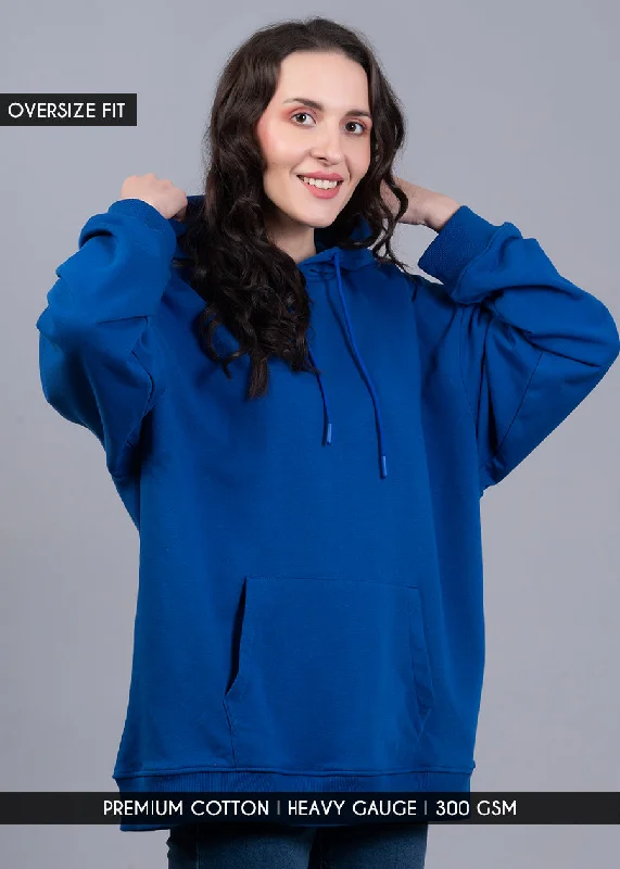 Solid Royal Blue Women Drop Shoulder Terry Hoodie Hoodie with Frayed Bohemian Relaxed