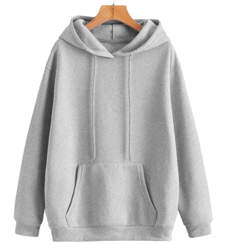 Vimal Jonney Grey Melange Solid Hooded Cotton Fleece Sweatshirt for Women Hoodie with Hem Elastic Stretchable Comfortable