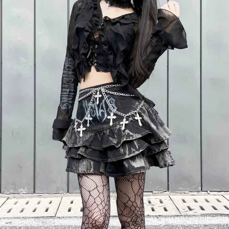 Summer Dark Gothic Rock A-line High Waisted Mini Skirt for Women belted skirt waist