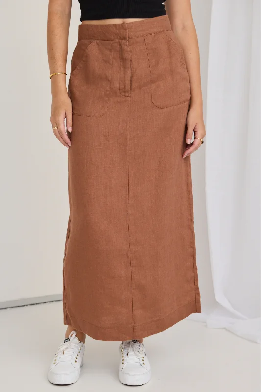 Tempt Mocha Linen Utilitarian Midi Skirt lace skirt intricate