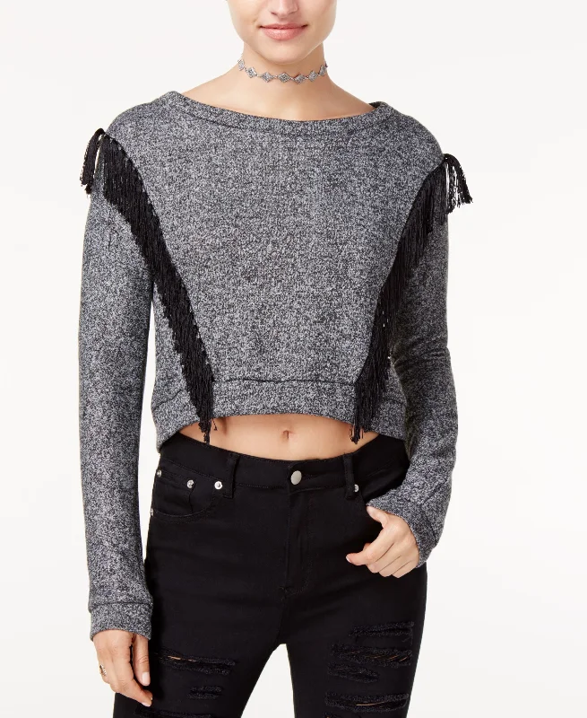 The Edit By Seventeen Juniors Fringe Trim Marled Cropped Sweatshirt Hoodie with Hood Adjustable Protection