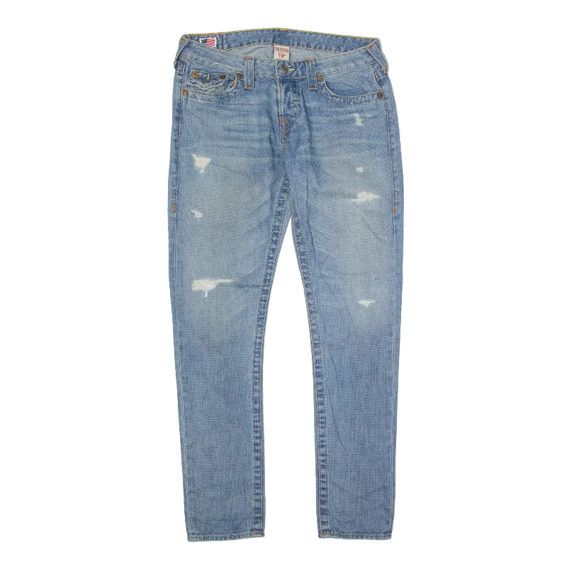 TRUE RELIGION Cameron Distressed Jeans Blue Denim Slim Skinny Stone Wash Womens W34 L31 Trendy Paperbag Waist Jeans