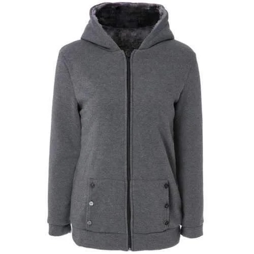Stylish Long Sleeves Solid Color Zippered Flocking Hoodie For Women - Deep Gray M Hoodie with Button Placket Classic Preppy