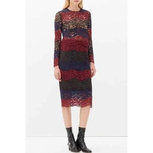 Fashionable Jewel Neck Color Block Lace Long Sleeve Blouse + Skirt For Women - Red With Black S linen skirt breathable