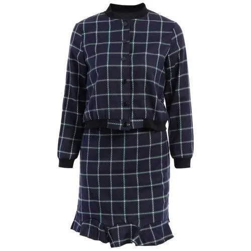 Fashionable Stand-Up Collar Plaid Long Sleeve Coat + Skirt For Women - Cadetblue M lightweight skirt design