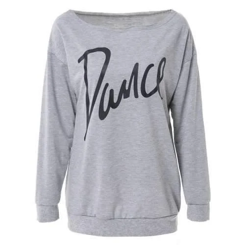 Casual Style Scoop Collar Long Sleeve Black Letter Pattern Women's Sweatshirt - Gray L Hoodie with Ribbed Hem Stretchable Secure