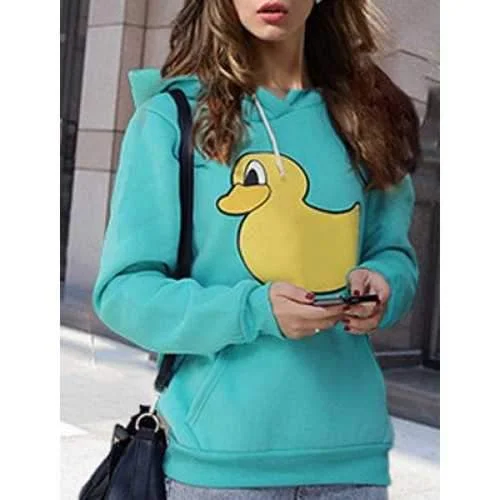 Cute Hooded Duck Print Long Sleeve Hoodie For Women - Green M Hoodie with Full-Zip Functional Layering