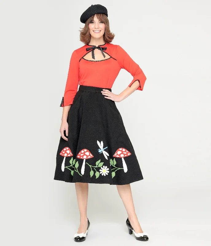 Unique Vintage Black & Mushroom Soda Shop Swing Skirt linen skirt natural