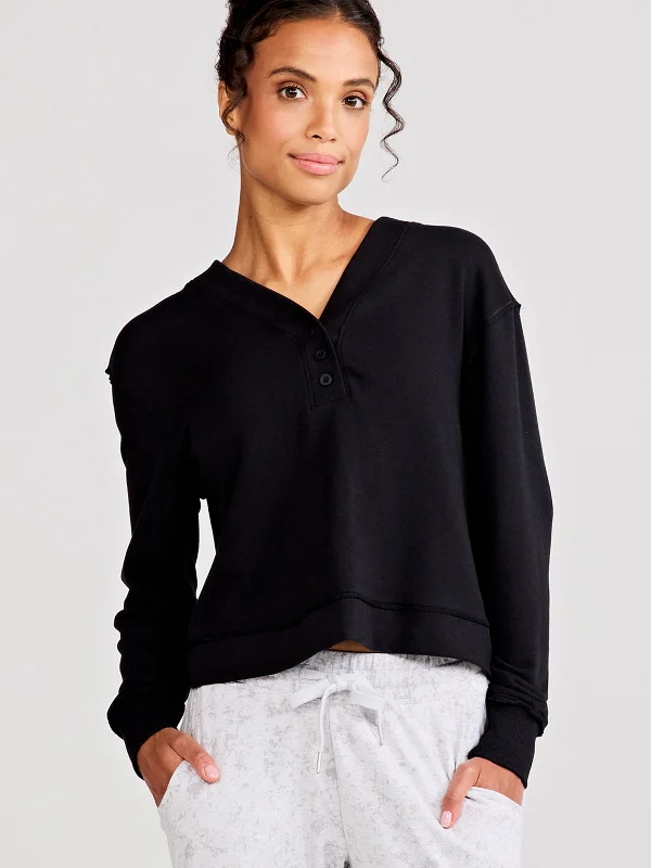 Varsity Henley Sweatshirt Hoodie with Ribbed Cuffs Snug Fit Comfort