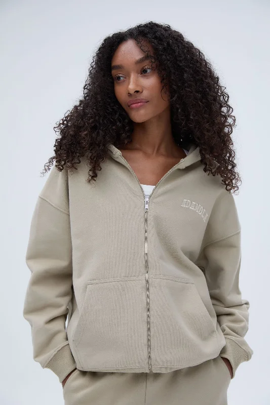 Varsity Oversized Full Zip Hoodie - Sand Hoodie with Relaxed Fit Easy Casual
