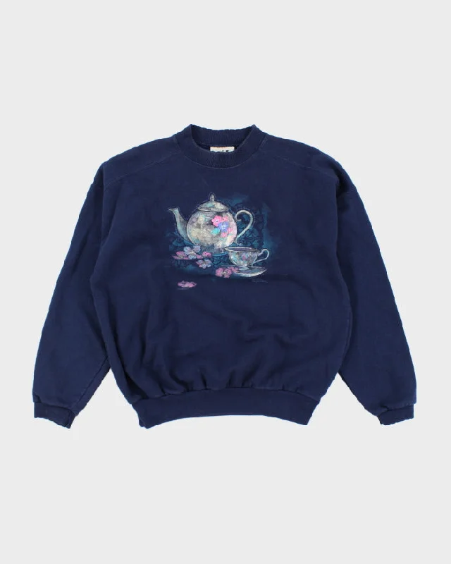 Vintage Embroidered Tea Pot Sweatshirt - S Zip Hoodie Drawstring Kangaroo Pocket