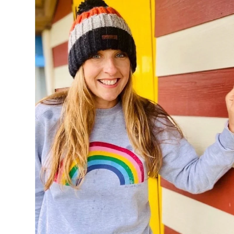 Organic Cotton Vintage Rainbow Sweatshirt in Grey Hoodie with Mock Neck Collared Structured