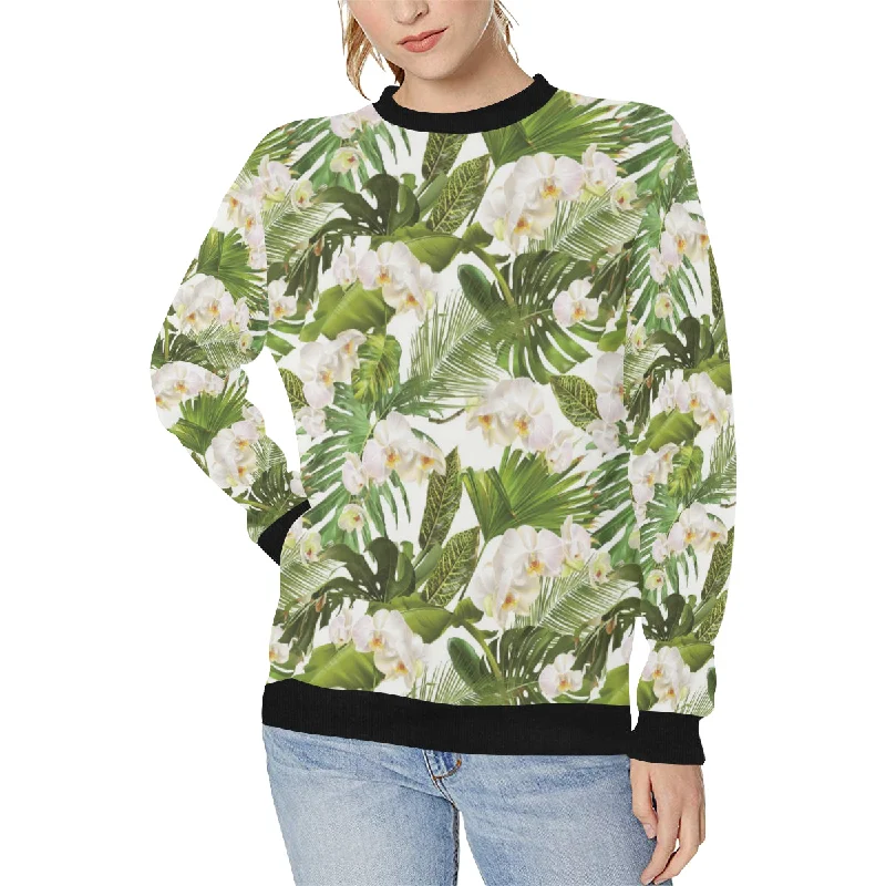 White orchid flower tropical leaves pattern Women's Crew Neck Sweatshirt Hoodie with Hem Fringe Bohemian Relaxed