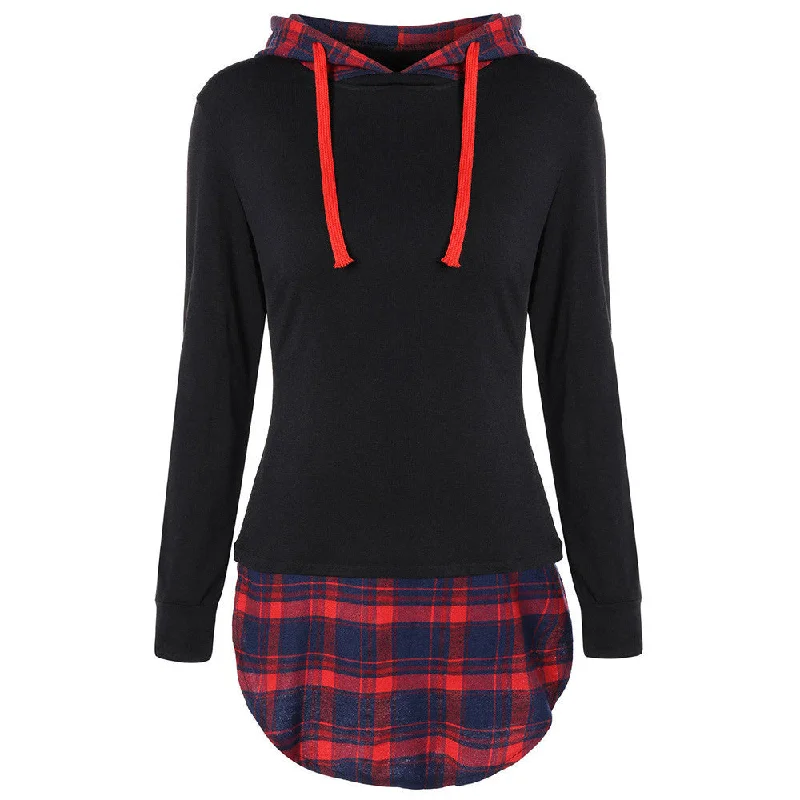 Women Casual Hoodies Sweatshirts Mujer plaid Long Sleeve Pullovers Hoodie with Raw Hem Edgy Unfinished