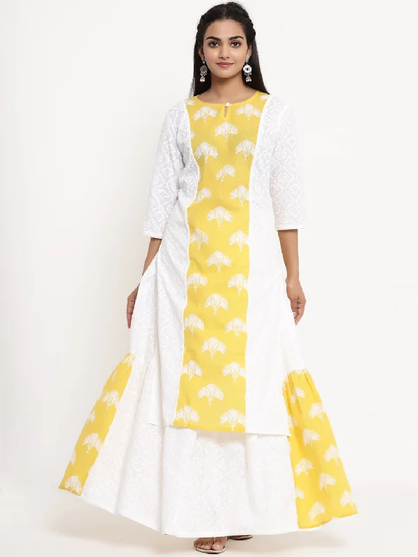 Women's Yellow Floral Printed Pure Cotton Kurta With Skirt - Miravan cashmere skirt rich