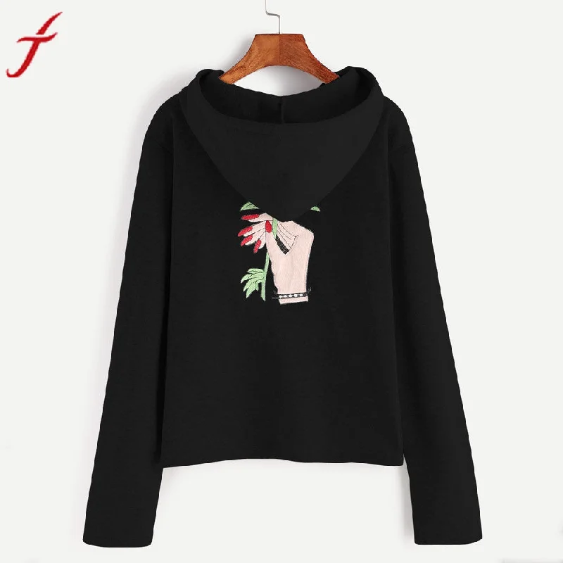 Women Hoodie Sweatshirt Basic Black Flower Printing Sweatshirt Jumper Long Sleeve Crop harajuku Pullover hoodie Tops Hoodie with Neon Bright Vibrant