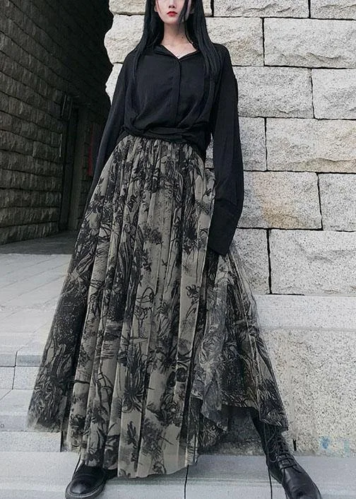 Women Print Tulle Pleated Summer A Line Skirts high waist skirt