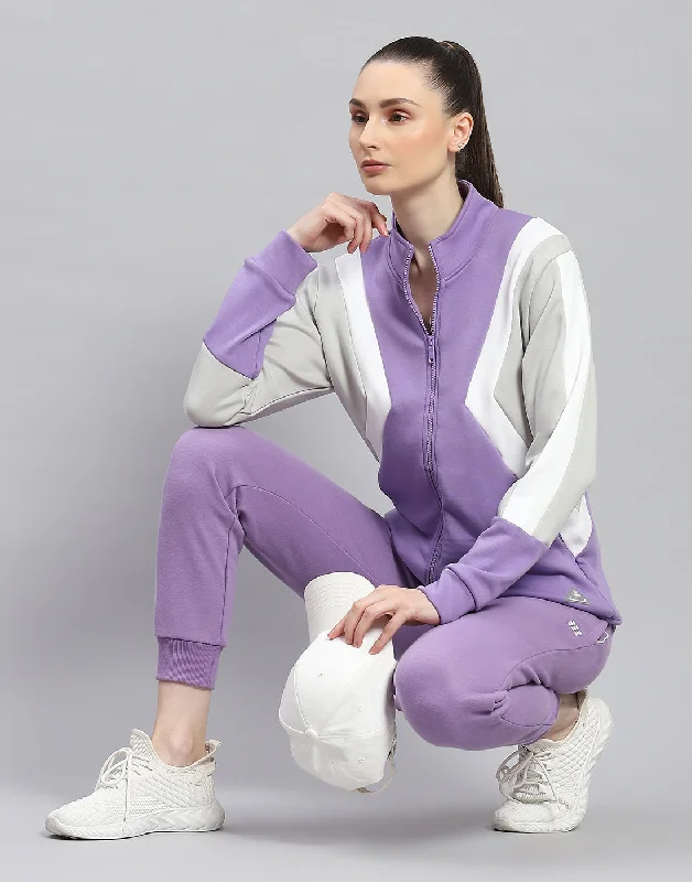 Women Purple Solid Stand Collar Full Sleeve Sweatshirt Hoodie with Button Placket Classic Preppy