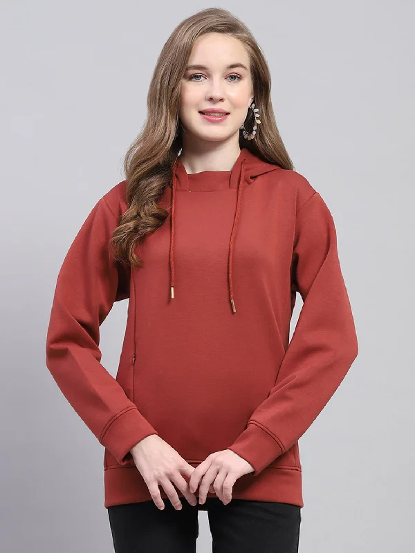 Women Rust Solid Hooded Full Sleeve Sweatshirt Hoodie with Pattern Geometric Abstract