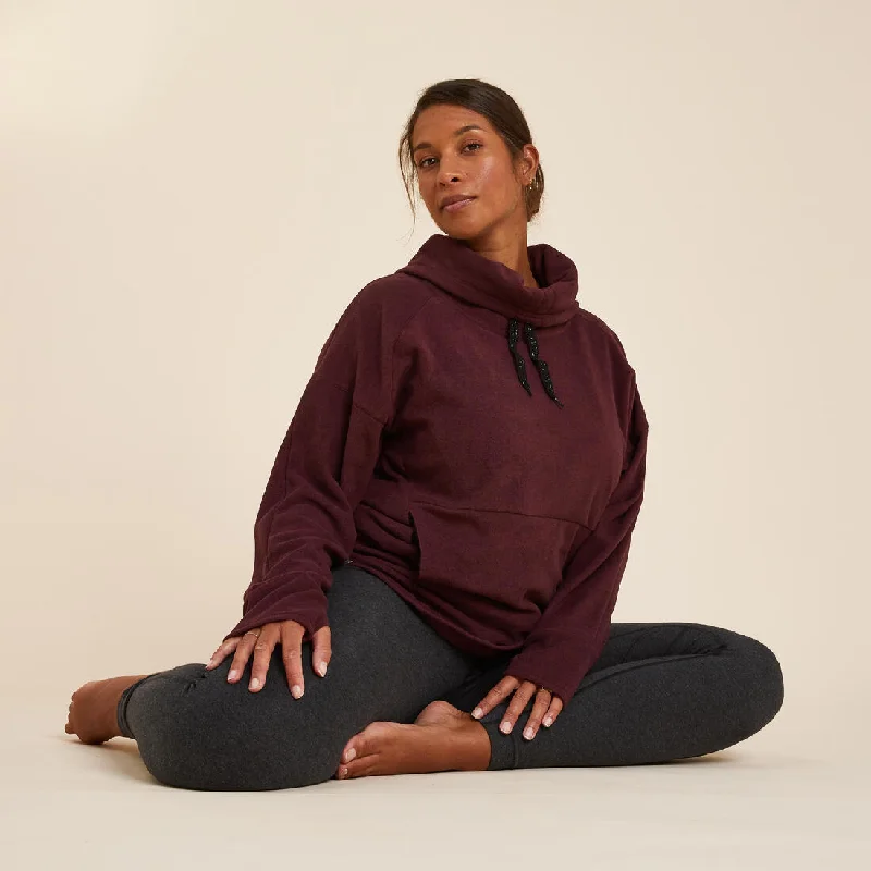 Women's Fleece Relaxation Yoga Sweatshirt - Burgundy Hoodie with Ribbed Neckline Snug Warm