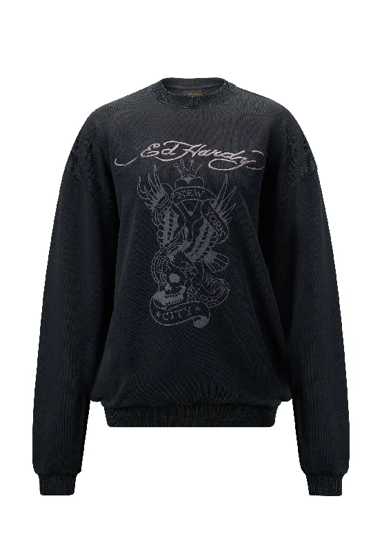 Womens Nyc Graphic Relaxed Crew Neck Sweatshirt - Black Hoodie with Monochrome Minimalist Simple