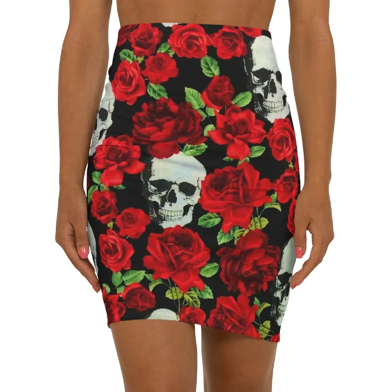 Women's Skull Red Roses Floral Print Mini Skirt lace skirt romantic