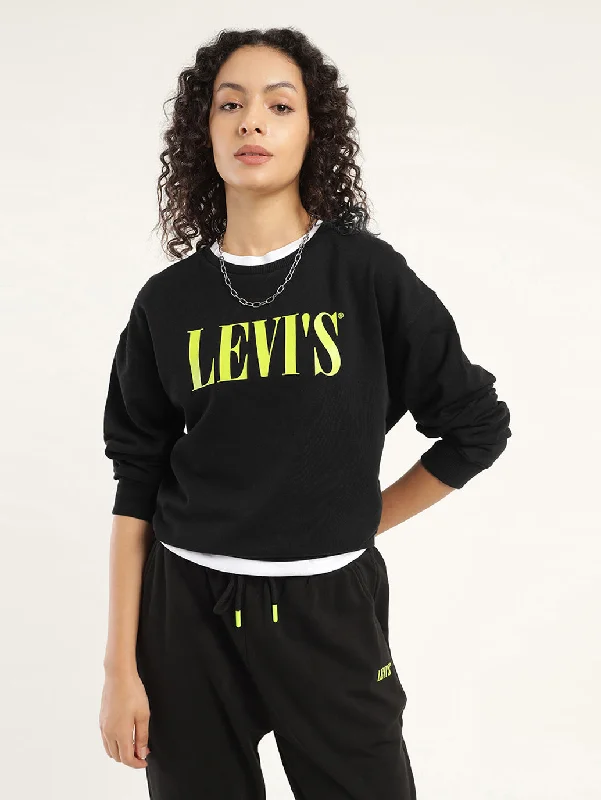 Women's Solid Black Crew Neck Sweatshirt Hoodie with Hem Contrast Bold Stylish