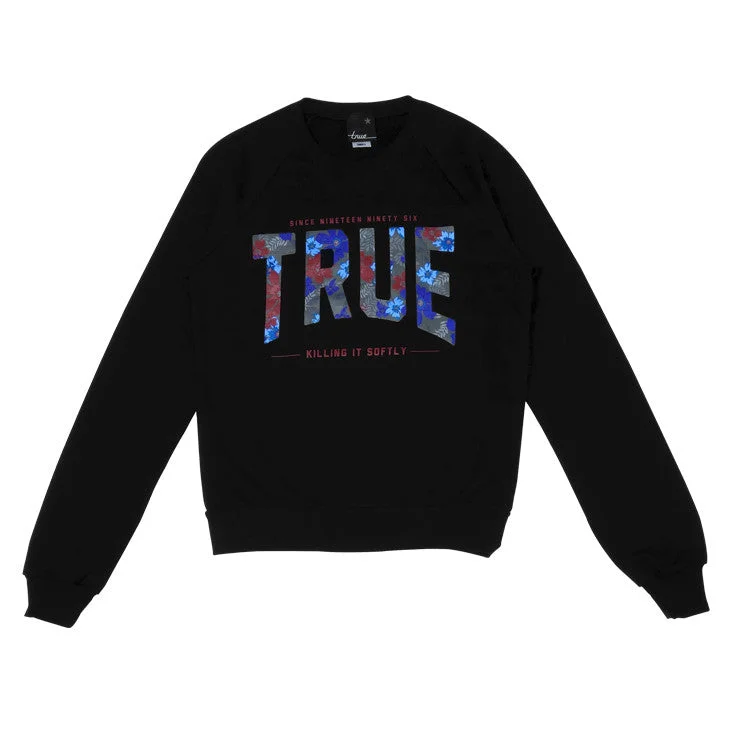 Womens True Floral 2 Crewneck Sweatshirt Black Hoodie with Mesh Breathable Sporty