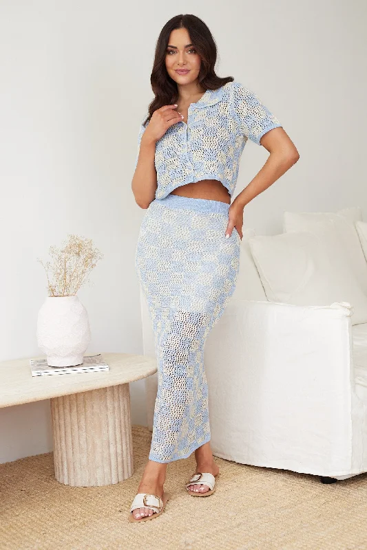 Xiara Crochet Skirt - Blue Check cashmere skirt rich