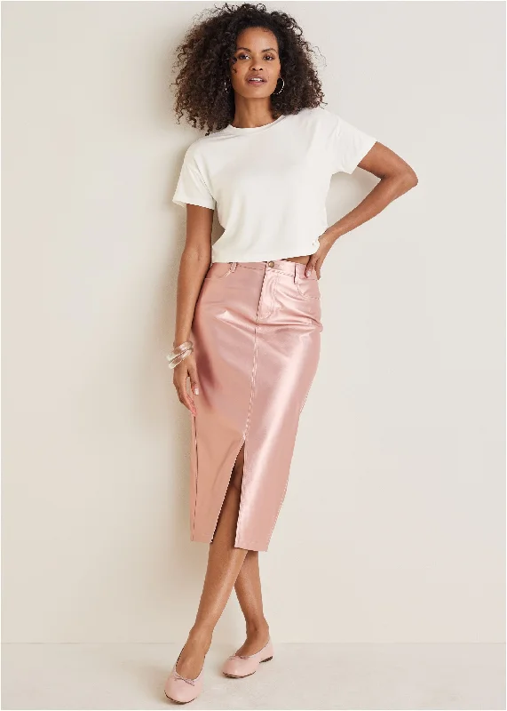 Faux Leather Midi Skirt  - Pink Metallic corduroy skirt textured