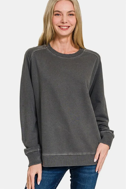 Zenana Full Size Pigment Dyed French Terry Sweatshirt - Black Hoodie with Pattern Geometric Abstract