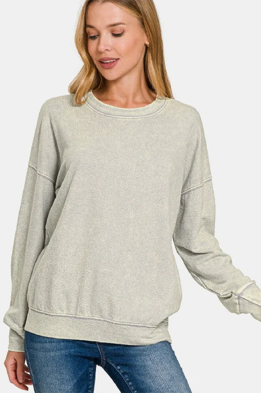 Zenana Washed Round Neck Dropped Shoulder Sweatshirt - Grey Hoodie with Hood Adjustable Protection