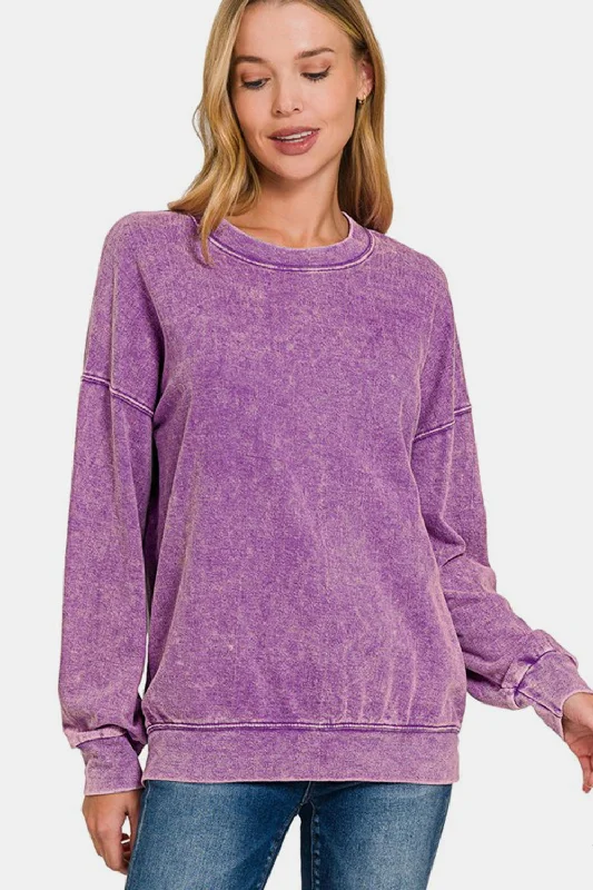 Zenana Washed Round Neck Dropped Shoulder Sweatshirt - Violet Hoodie with Belted Waist Structured Tailored