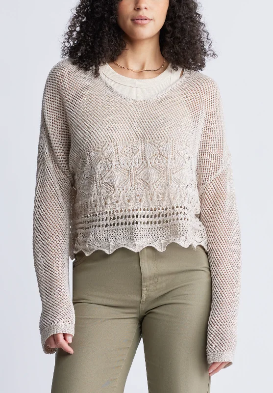 Cornelia Women's Crochet Cropped Sweater, Tan - SW0056S Real Fur Shearling Chenille