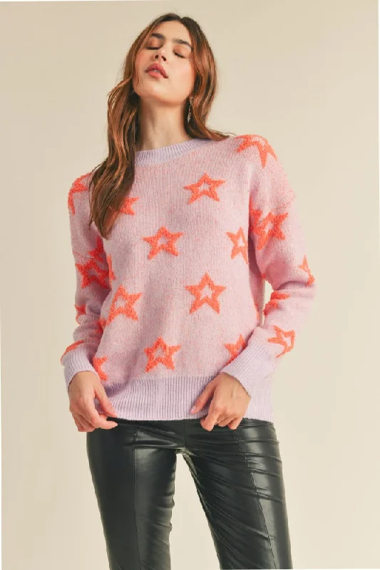 Lilac Orange Crew Neck Sweater With Fuzzy Stars Wool Fabric Cashmere Fabric Tweed Fabric