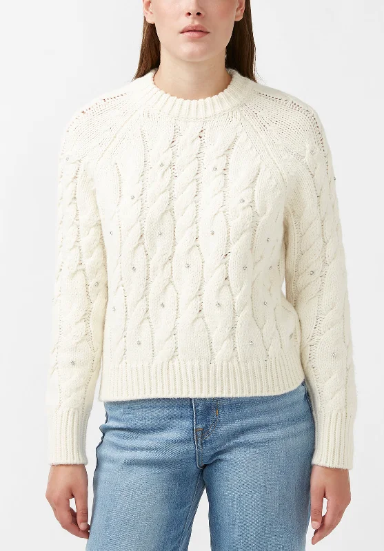 Magari Women's Long Sleeve Crewneck Cable Sweater in Ivory - SW0030H Velvet Chenille Corduroy Magari Women's Long Sleeve Crewneck Cable Sweater in Ivory - SW0030H Velvet Chenille Corduroy