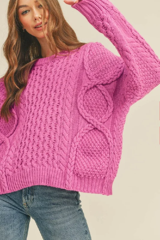 Orchid Mixed Braided Cable Knit Sweater Front Pockets Side Pockets Patch Pockets
