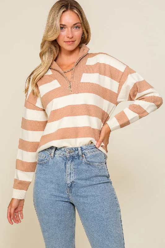 Taupe Cream Polo Half Zip Up Striped Sweater Top Tailored Straight A-Line