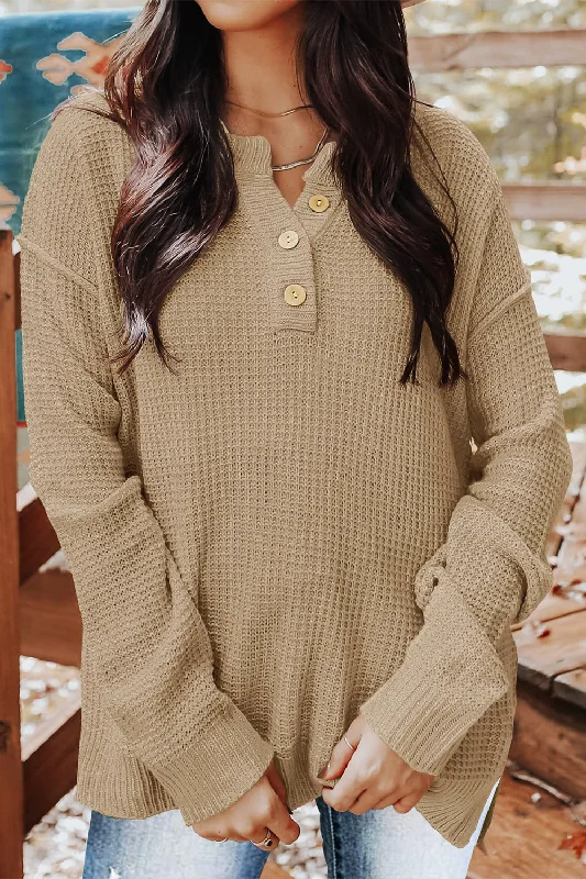 Waffle-Knit Dropped Shoulder Buttoned Sweater Zippered Buttoned Snapped