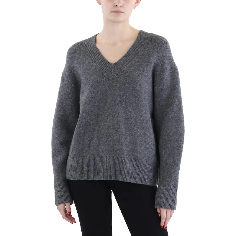 Womens Knit Ribbed Trim V-Neck Sweater Stretchy Elastic Breathable