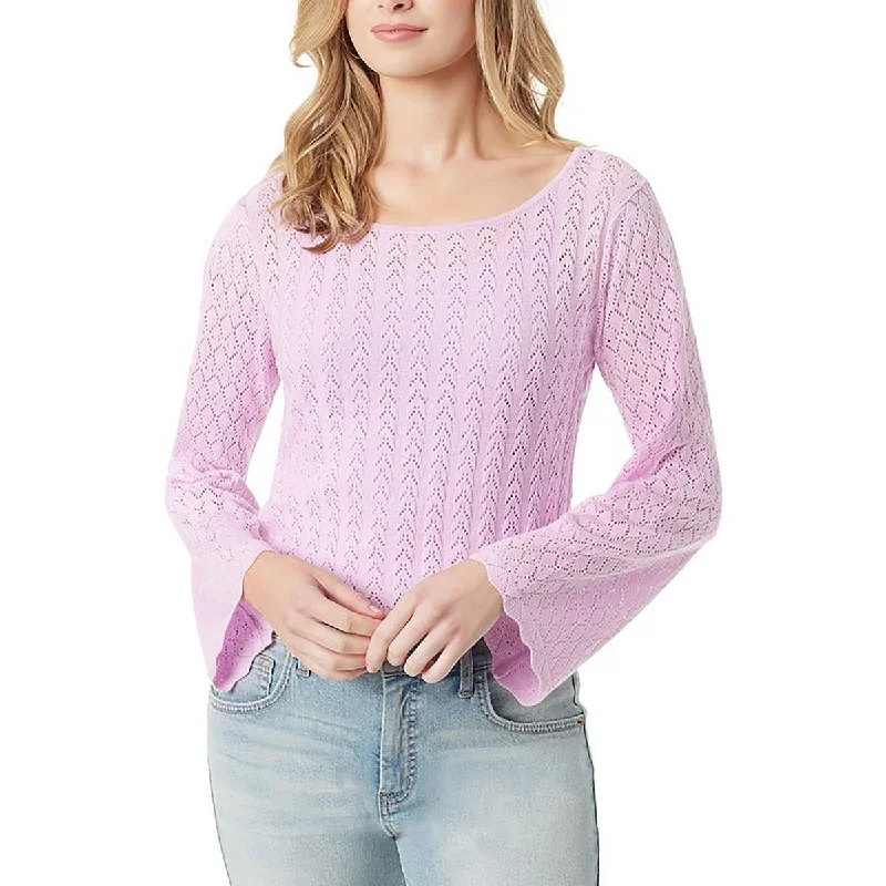 Womens Knitted Bell Sleeve Crewneck Sweater Ribbed Striped Patterned